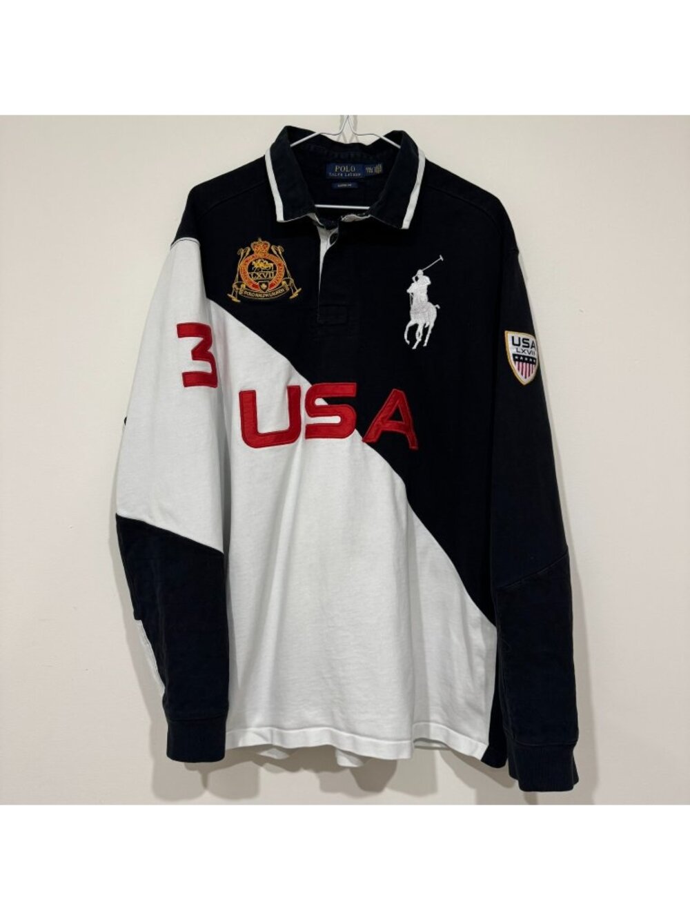 Polo Ralph Lauren Mens USA Colorblock Rugby Shirt Black White Size 2XL